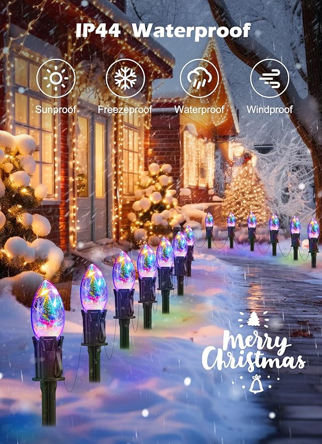 C9 Christmas Pathway Lights Outdoor 25Ft 20 LED Christmas String Lights with Stakes 4 Light Modes Waterproof Connectable Christmas Decorations for Outside Lawn Yard Sidewalk Driveway Multicolor