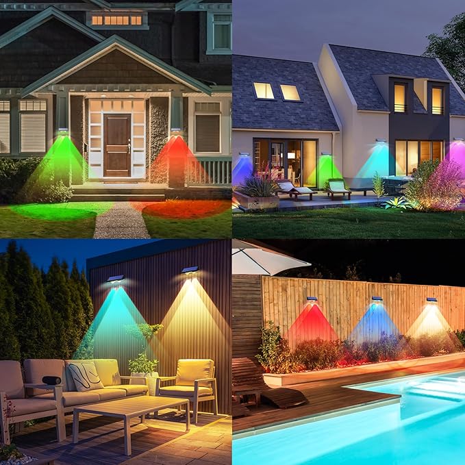 TECKNET Solar Fence Lights Outdoor 8 Pack Warm White &amp 6 Colors &amp RGB IP66 Waterproof LED Deck Light Dusk to Dawn Fence Lights Solar for Wall Railing Step Patio Pool Backyard Outside