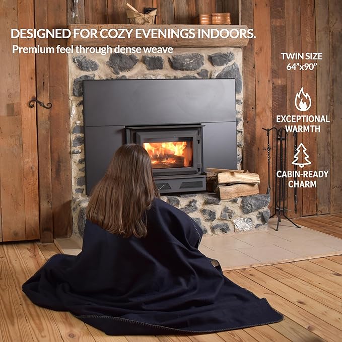 Military Style Wool Blanket – Cushioned Breathable Durable Warm &amp Washable – Double-Stitched Border–Great for Camping Outdoor First Aid Travel Car–Fire Retardant – 64x90 4.7 lb (Navy Blue