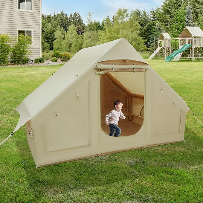 DYRABREST 4 Person Inflatable Camping Tent Instant Setup Portable Outdoor Tents with Pump Waterproof Windproof for Family Camping Beach Backyard (Khaki)