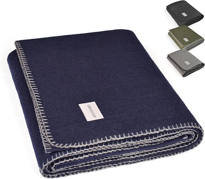 Military Style Wool Blanket – Cushioned Breathable Durable Warm &amp Washable – Double-Stitched Border–Great for Camping Outdoor First Aid Travel Car–Fire Retardant – 64x90 4.7 lb (Navy Blue