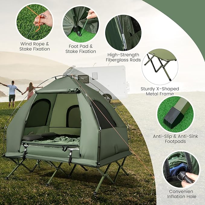 Goplus Camping Tent Cot 5-in-1 Folding Camping Bed with Air Mattress Pillow Sleeping Bag Waterproof Elevated Tent Shelter Portable Outdoor Sleeping Cot with Carry Bag for Picnic Trip