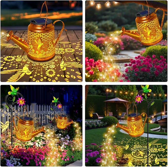 Hummingbird Solar Lights Outdoor Waterproof Birthday Gifts for Christmas Mom Grandma Women Solar Watering Can Lights with Shepherd Hook Metal Hanging Lantern Garden Decor Yard Outside Patio Lawn