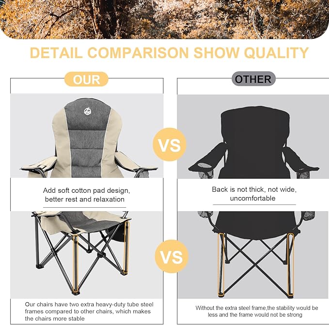 Northroad Oversized Portable Camping Chair Full Padded Outdoor Folding Chair Support 350 LBS Heavy Duty Lawn Chair with Cup Holder Cooler Bag Lumbar Support Head Pocket for Adult-Beige