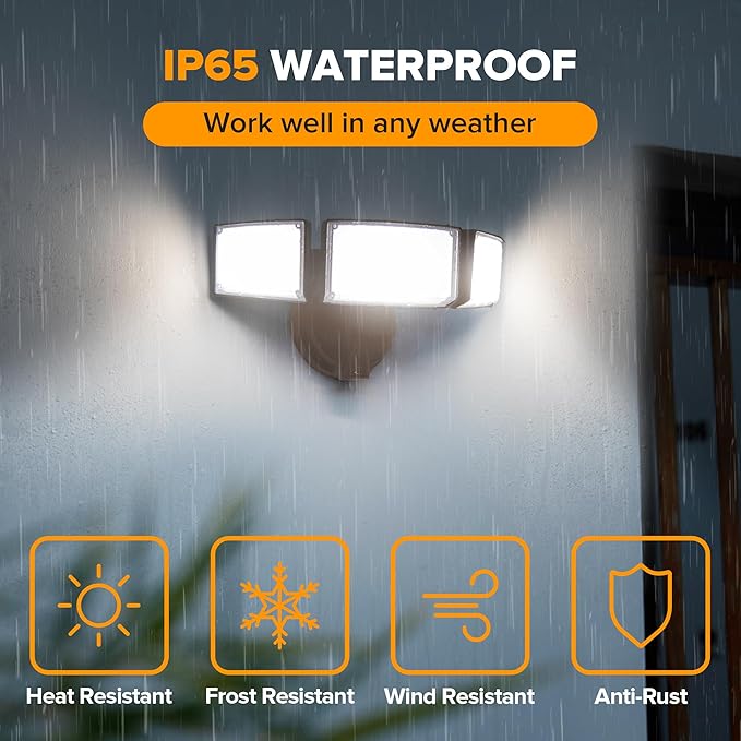 LUTEC 75W 8000 Lumen Floods Light Outdoor Switch Controlled LED Security Lights with 3 Adjustable Heads 5000K Daylight IP65 Waterproof Exterior Flood Light for Outside Garage Yard Patio-Brown