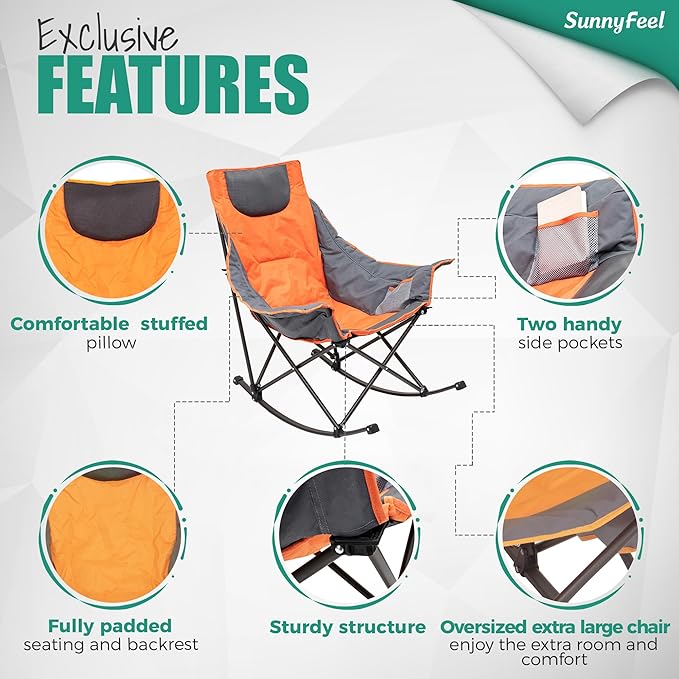 SUNNYFEEL Oversized Rocking Camping Chair Fully Padded Patio Chair with Side Pocket High Back Portable Lawn Recliner with Headrest Outdoor Camp Rocker Chairs for Adults Heavy Duty 500 LBS Carry Bag