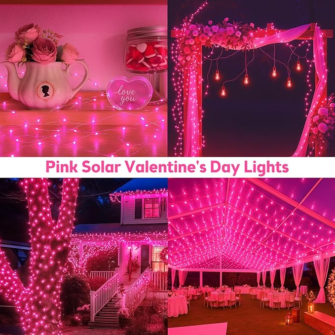 Extra-Long 144FT Solar String Lights for Outside 2 Pack 400LED Solar Valentine's Day Lights Outdoor Waterproof Copper Wire 8 Modes Fairy Twinkle Solar Lights for Tree Garden Party Xmas (Pink)
