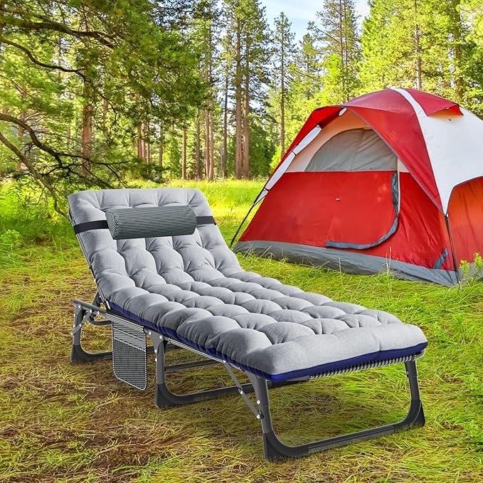 LILYPELLE Portable Folding Camping Cot Adjustable 4-Position Adults Reclining Chaise with Pillow Outdoor Portable Lounge Chair Sleeping Cot for Camping Pool Beach Patio