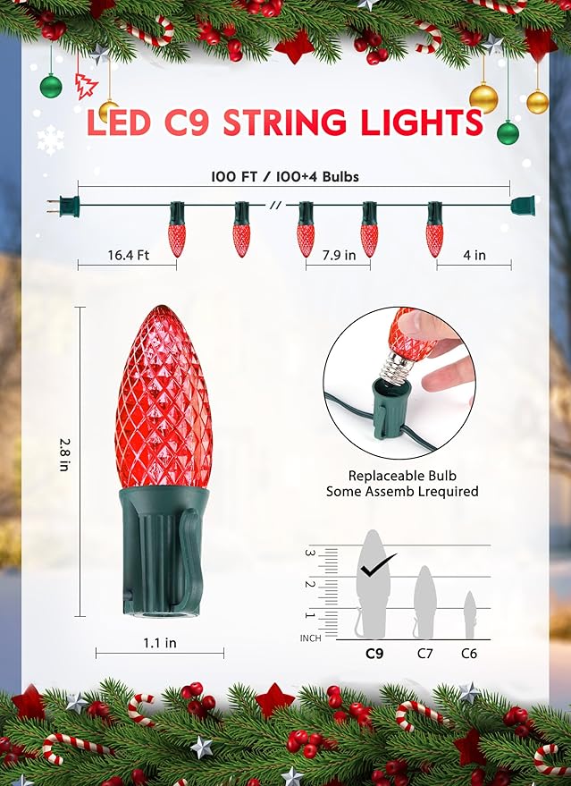 Minetom C9 Christmas String Lights 100 Ft Red C9 Outdoor Christmas Lights with 100 Strawberry C9 Led Bulbs Connectable UL Certified for Outdoor Indoor Roofline Holiday Backyard Xmas Decor