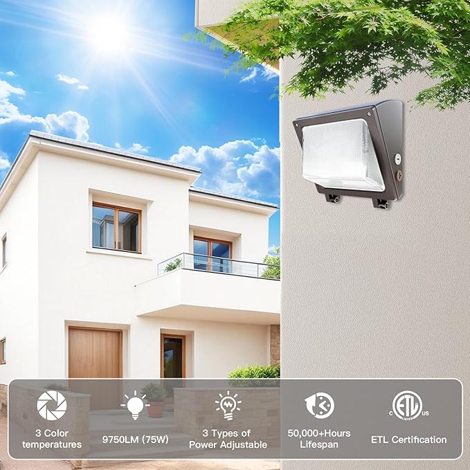 JTT 6Pack 75W/60W/45W LED Wall Pack LightsDusk to Dawn with Photocell6000/5000/4000K Daylight IP65 Wall Mount Outdoor Security LightingEnergy Saving Lights for Warehouses Yard Parking Lot Garage