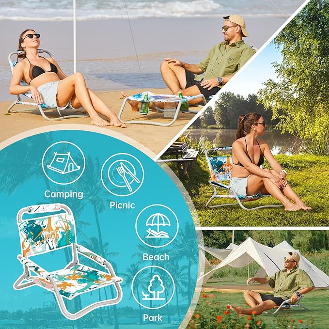 #WEJOY 2 Beach Chairs and Table Set Lightweight &amp Folding Backpack Beach Chair for Outdoor Beach Lawn Camping Picnic Cyan/Orange Beach Chairs Set
