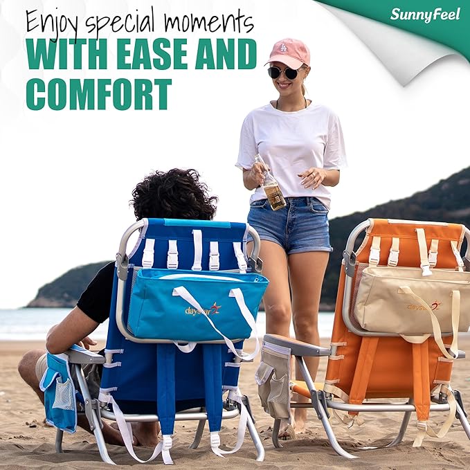 SUNNYFEEL Low Beach Chair 5 Position Lay Flat Portable Folding Backpack Beach Chairs Heavy Duty with Cooler Bag Cup Holder for Outdoor/Lawn/Trip/Picnic/Fishing Foldable Camping Chair