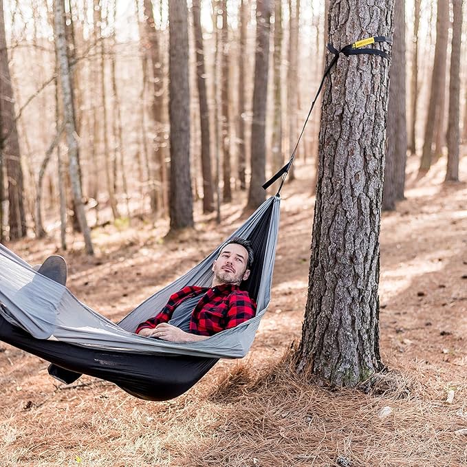 ELK Single Hammock with Tree Straps - Lightweight Parachute Nylon for Outdoor Adventures (Black/Gray Single)