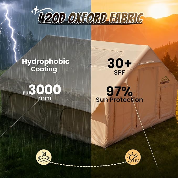 Inflatable Tent with Skylight Quick Setup Blow Up Tents with Pump Hot Tent with Stove Jack Waterproof Oxford Inflatable House for Camping Air Glamping Tents for Camping Adult 4-6 Person