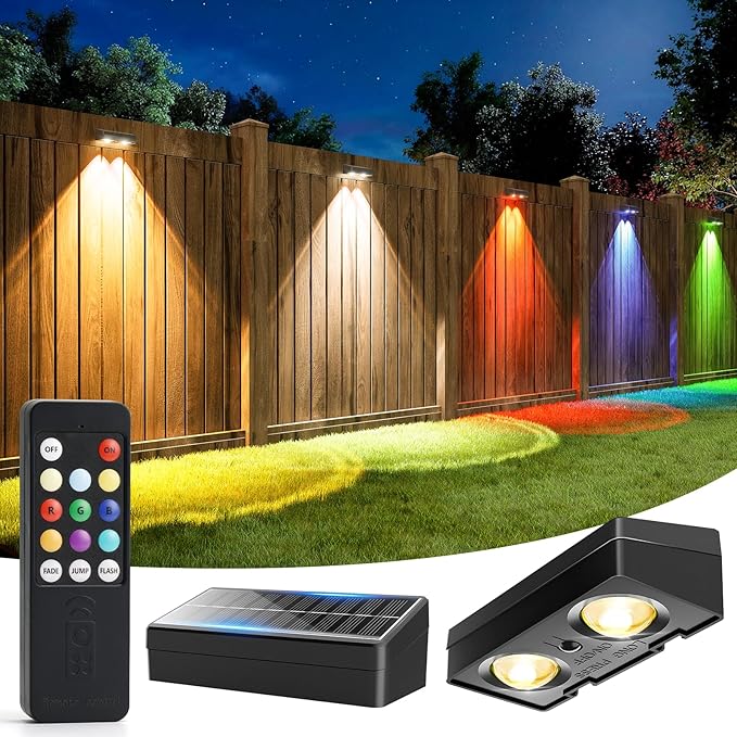 Solar Fence Lights with Remote Warm White Cool White and RGB Color Glow LED Outdoor Wall Lights IP65 Waterproof Solar Lights for Fence Backyard Railing and Deck Home Improvement 2 Pack
