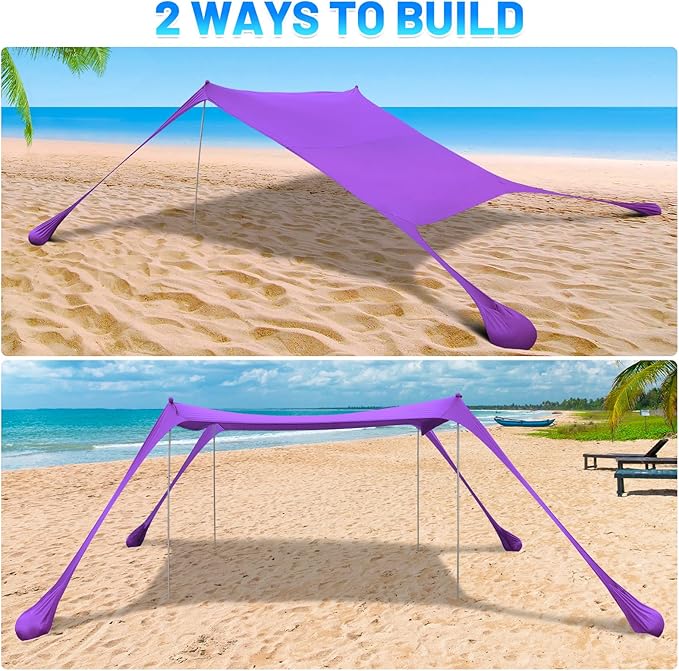 BOTINDO Family Beach Tent Canopy Sun Shade Pop Up Grande Beach Tent Sun Shelter Stability 4 Poles with Portable Carry Bag Outdoor Shade for Fishing Backyard Camping (Purple 10x10FT 4Pole)