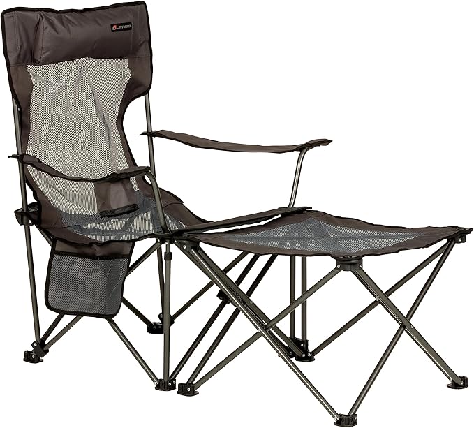 Lippert Sun Soaker Two-Position Vented Reclining Camping Chair with Footrest 600D Polyester Fabric Mesh Back/Seat Padded Headrest Cupholder 250-lb. Weight Capacity Dark Grey Color - 2022114830