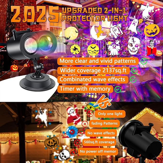 Holiday Projector Lights Outdoor 2-in-1 HD Moving Pattern Holiday Projector Lights with Remote Control (12 Slides 15 Colors) Three Fixing Methods IP65 Waterproof Atmosphere Decoration with Timer