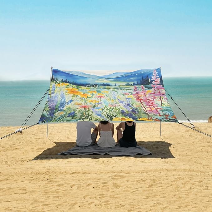 Beach Tent Sun Shelter Pink-Purple Wildflower Bushes Lightweight &amp Easy Setup Beach Shade Canopy for Camping Fishing