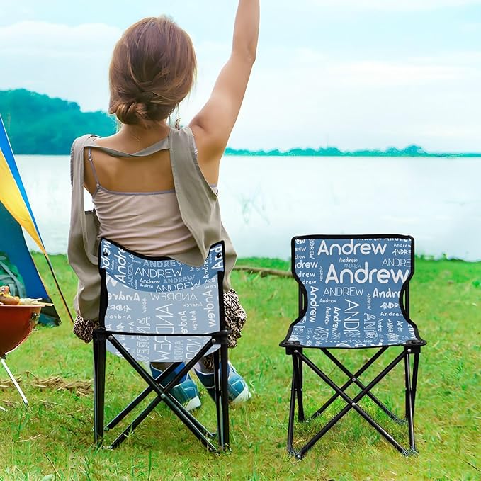 Sinestour Steel Blue Custom Folding Camping Chair for Teen Child Personalized Name 14.6×14.6in Portable Outdoor Chair with Carry Bag for Travel Picnic Barbeques