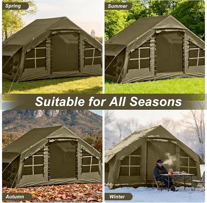 Inflatable Tents for Camping with Stove Jack 2/4/6/8 Person Easy Setup Blow Up Tents for 4 Seasons Waterproof Inflatable Camping Tent with Awning Air House Glamping Tents for Camping Adult