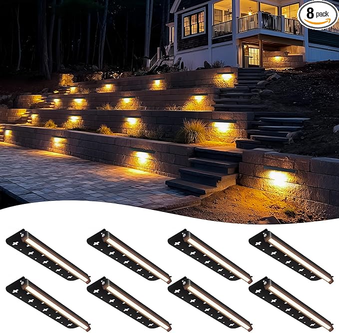 Kaqur 8 Pack 12 Inch Retaining Wall Lights LED Hardscape Lighting 12V AC/DC Low Voltage IP65 Waterproof 2700K Soft White Outdoor Landscape Lights for Patio Wall Stairs ETL Listed