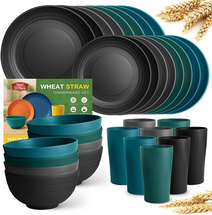 Teivio 32-Piece Kitchen Plastic Wheat Straw Dinnerware Set Service for 8 Dinner Plates Dessert Plate Cereal Bowls Cups Unbreakable Colorful Plastic Outdoor Camping DishesCoastal