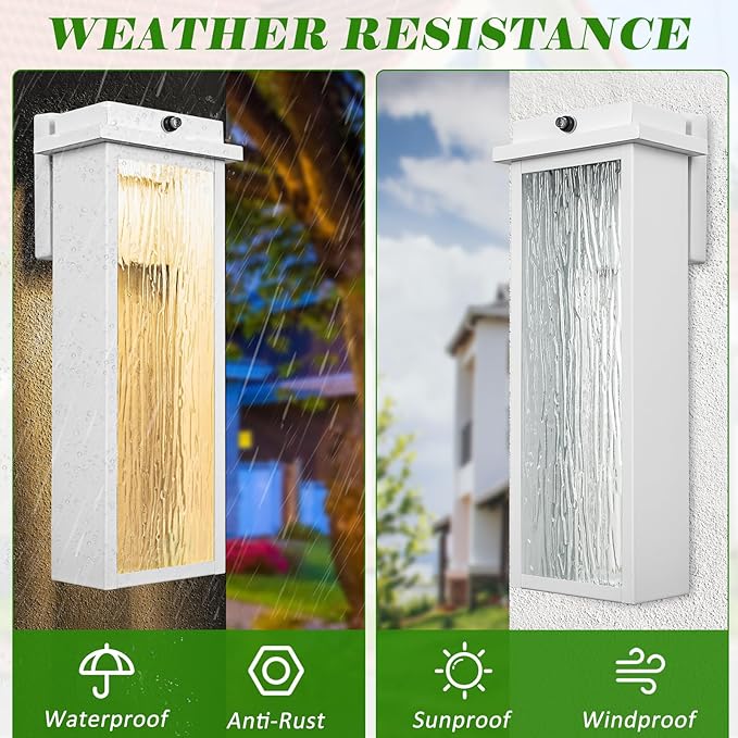 White LED Dusk to Dawn Outdoor Lighting 2 Packs 16 Large Outside Farmhouse Wall Lantern Industrial Porch Wall Mount Light Fixture with Rippled Glass Waterproof Modern Exterior Sconce Lamp