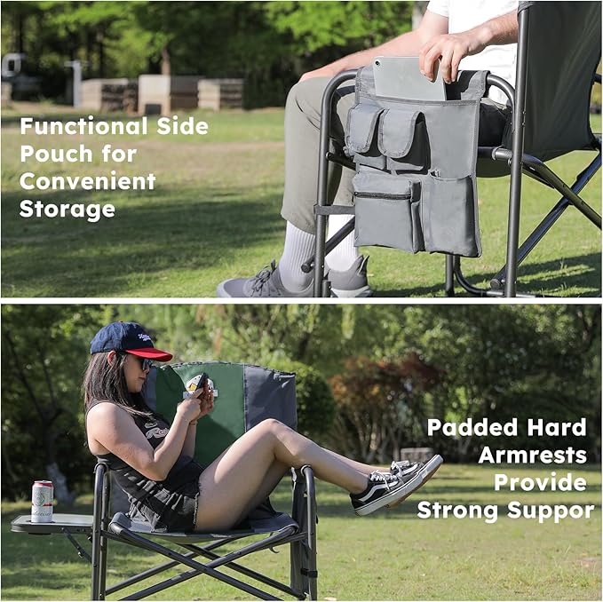 Oversized Directors Camping Chair Support 600 LBS Heavy Duty Folding Outdoor Chairs with Detachable Side Pocket and Adjustable Side Table for Outside BeachLawnFishing (Green)