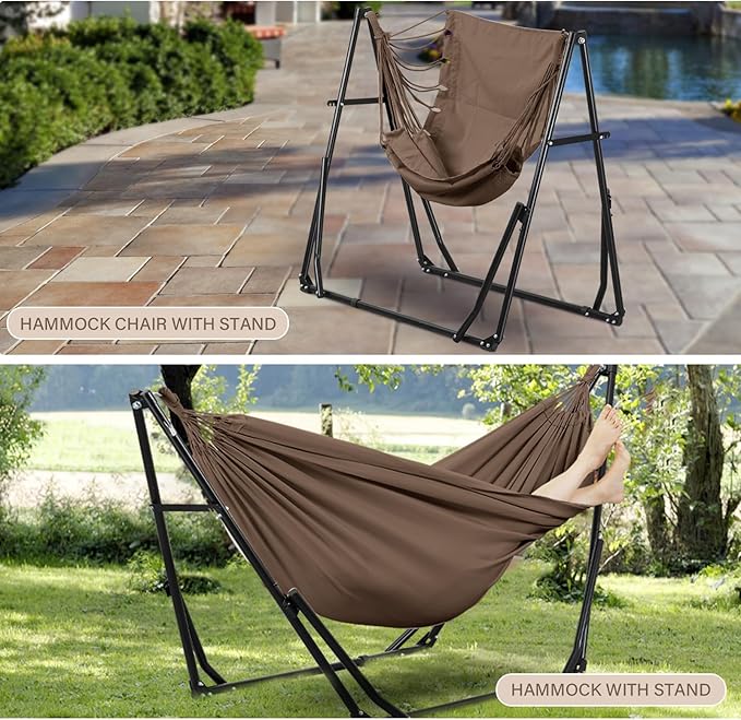 2 in 1 Hammock with Stand Outdoor Hammock Swing Chair with Portable Heavy Duty Stand Multi-Functional Hammock Stand 480 lbs Weight Capacit-Coffee