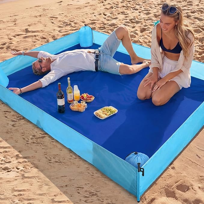 Breling Beach Blanket Waterproof Sandproof 73 x 56 Inch Large Waterproof Beach Blanket Portable Sand Free Picnic Mat with Side Walls 4 Sandbags and Stakes for Family Parks Outdoor Camping Vacation
