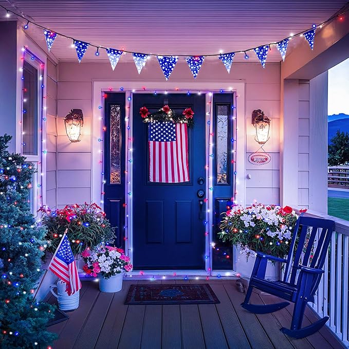 JMEXSUSS Red White and Blue Lights Outdoor Indoor 2 Pack 100 LED 4th of July String Lights Battery Operated Waterproof for Patriotic Decoration Outside House Garden Tree