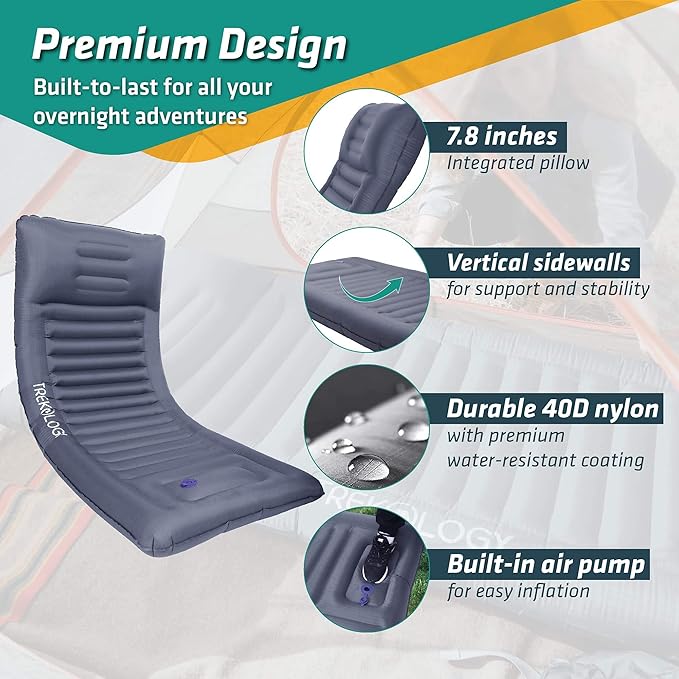 TREKOLOGY Sleeping Pad for Camping - Infaltable Mat – 73.2x 29.9 Premium with Built‑in Pump Neck‑Support Pillow Thick 4.9 Height – Ultralight Sleep Pad for Tent Backpacking &amp Travel