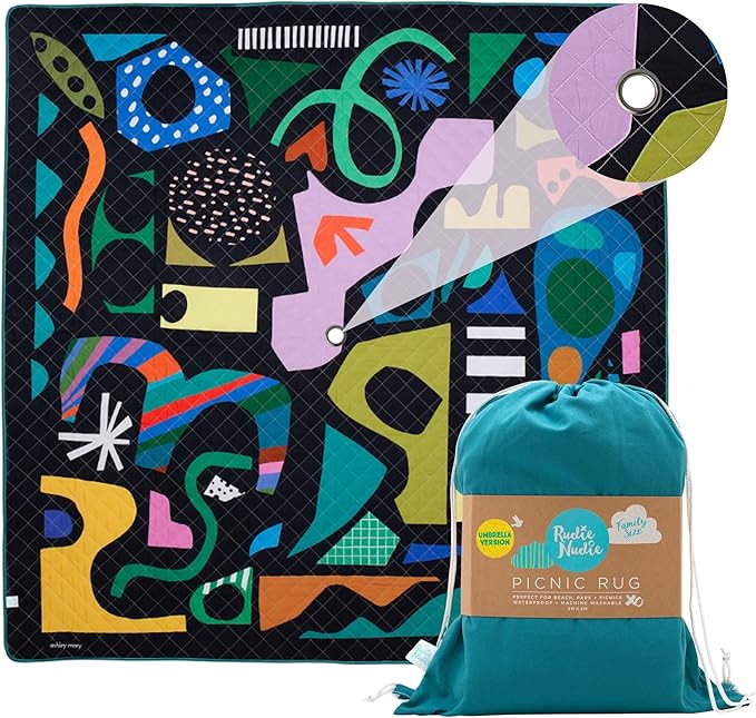 Rudie Nudie Jumbo Beach Mat with Umbrella Hole 6'7 x 6'7 Waterproof Sandproof Picnic Blanket Large Foldable Sand Free Beach Blankets for Park Outdoor Portable Picnic Mat for Grass Sand &amp Law