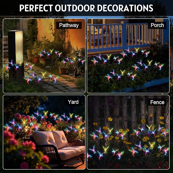 4 Pack Solar Hummingbird Lights Outdoor Garden 6 Head Solar Swaying Pathway Stake Lights Waterproof for Yard Lawn Patio Walkway Landscape Decor