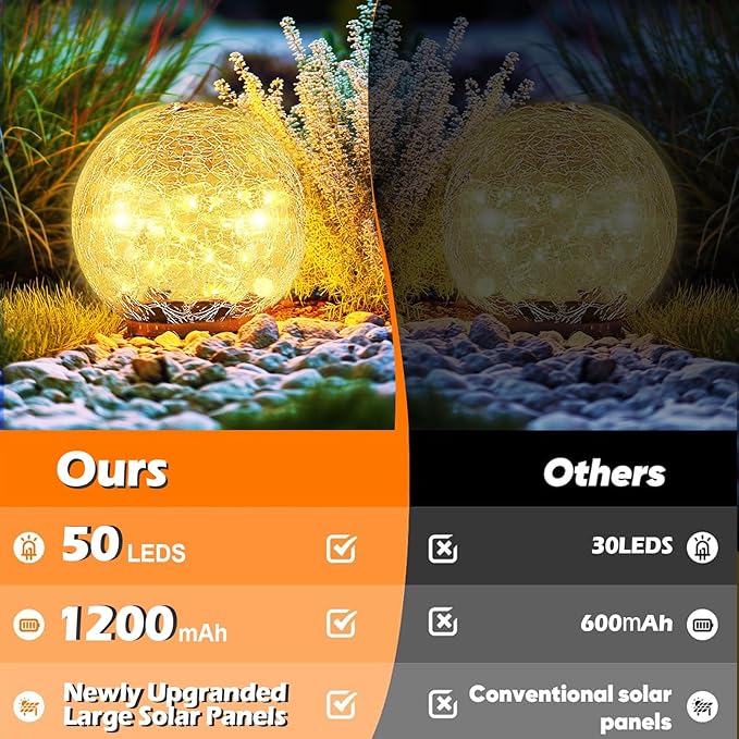 Coroor Garden Solar Ball Lights Outdoor Waterproof 50 LED Cracked Glass Globe Solar Power Ground Lights for Path Yard Patio Lawn Christmas Decoration Landscape Warm White(2 Pack 4.7'')