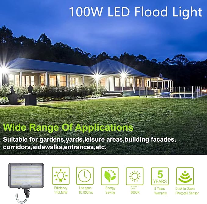 100W LED Flood Light with Knuckle Outdoor Flood Light Dusk to Dawn Photocell 5000K 14000lm AC100-277V Equivalent 1000W ETL Waterproof Wall Mount LED Security Lighting for Yard Entrance