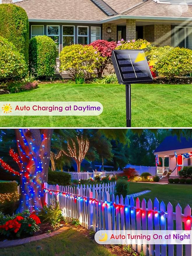 4pk Solar Christmas Lights Outdoor Red White and Blue Solar String Lights 400LED 132FT LED 4th of July Light Waterproof Solar Fairy Twinkle Light for Xmas Tree Independence Day Party Decorations