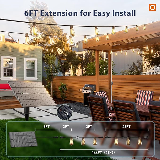 addlon 150FT(144+6) Solar String Lights Outdoor with Remote Long-Lasting Waterproof Patio Lights Dimmable &amp Timable Hanging Solar Light with 45 LED Bulbs for Outside Yard Garden Camping Gaze