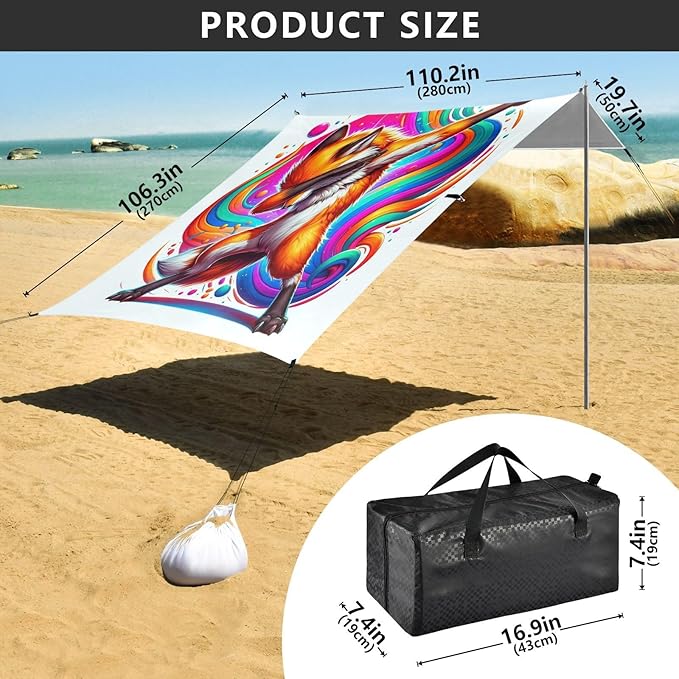 ALAZA Fox Dabbing Beach Tent Sun Shelter UPF50+ Protection Beach Shade Canopy w/ 4 Sandbags for Outdoor Camping Fishing Backyard Fun Picnic 10x9 ft