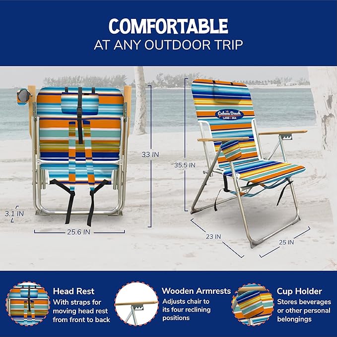 Cabana Beach Folding Beach Chair 4 Position Portable Backpack Foldable Camping Accessories with Headrest Cup Holder and Wooden Armrests Bold Candy Stripe