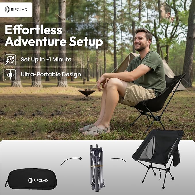 Ultralight Camping Chair Folding Backpack Chair with Aluminum Frame Side Pocket &amp Anti-Sinking Feet Supports 330 lbs Camp Chair for Outside Hiking Beach and Travel (Black)