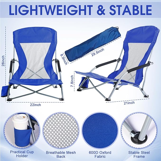 Huwena 2 Pack Beach Chair for Adult with 2 Umbrella Low Folding Chair Detachable Adjustable Lightweight with Armrests Cup Holder Carry Bag Portable for Sand Camping Travel Outdoor Pool(Dark Blue)