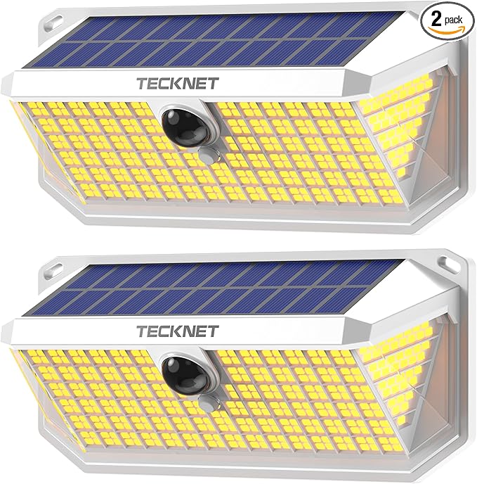 TECKNET 416 LED Solar Powered Outdoor Lights 270° Angle &amp 3 Lighting Modes Motion Sensor Light Outdoor Security Solar Lights Waterproof - 2 Pack White Color &amp Warm Light