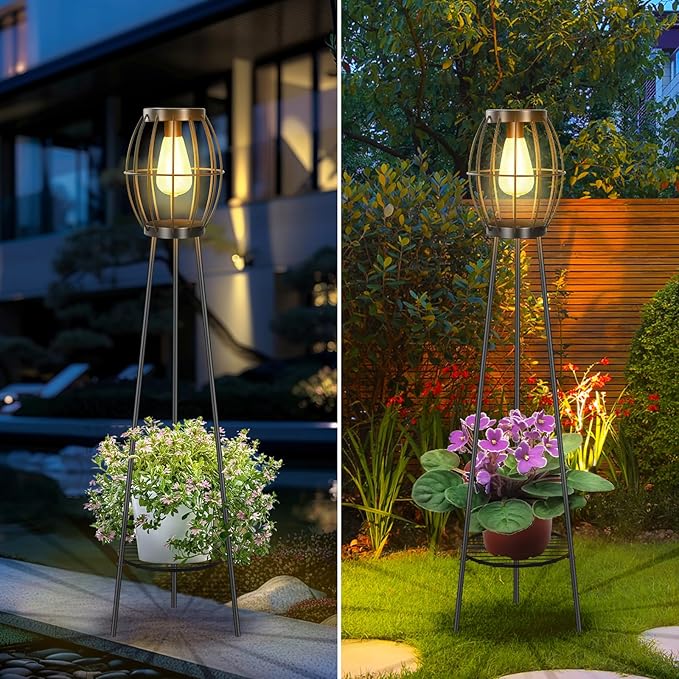 2 Pack Solar Lights Outdoor with Plant Stands Solar Floor Lamp Solar Powered Street Light Metal Tripod Deck Lights Patio Decor for Garden Yard Pathway Driveway Porch
