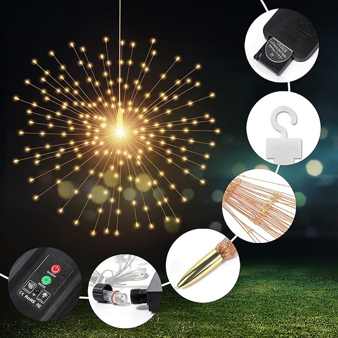 5 Pack Solar Starburst Sphere Lights 200 LED Firework Light 8 Modes Dimmable Waterproof Hanging Copper Wire Fairy Light for Patio Parties Halloween Christmas Decor (Warm White)
