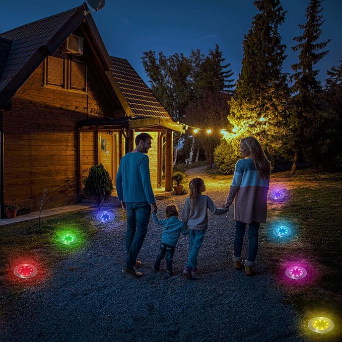 LYHOPE Solar Ground Light Outdoor 16 Pack 8 LED Color Changing Solar Disk Lights Waterproof Garden In-ground Pathway Lights Landscape Lighting for LawnYardDeckPatioWalkway (RGB)