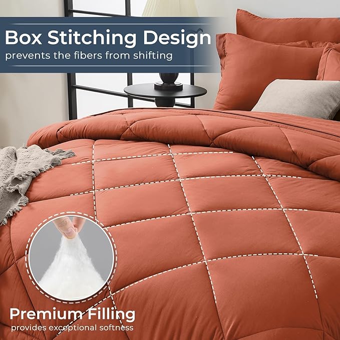 HEVUMYI Burnt Orange Twin-XL Comforter Set - 5-Piece All Season Bed in a Bag Twin-XL Ultra Soft Bedding Set with Comforter Flat Sheet Fitted Sheet Pillowcases Pillow Shams