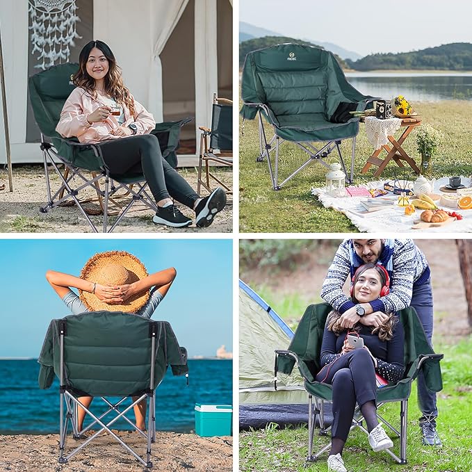 Nice C Camping Chairs Oversized XL Padded Camping Chair Outdoor Chair Lawn Chairs Lounge Chair Wide&ampThick Heavy Duty 400lb Carry Bag Cupholder &amp Cooler (Two Green)