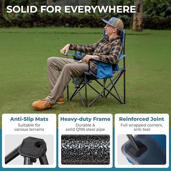 FUNDANGO Oversized Camping Chairs for Adults Heavy Duty Fold Up Sports Games Lawn Chairs Extra Wide Big Man Outdoor Chairs with Padded Lumbar Support Backrest Bag Included for Camp Beach 2 Pack